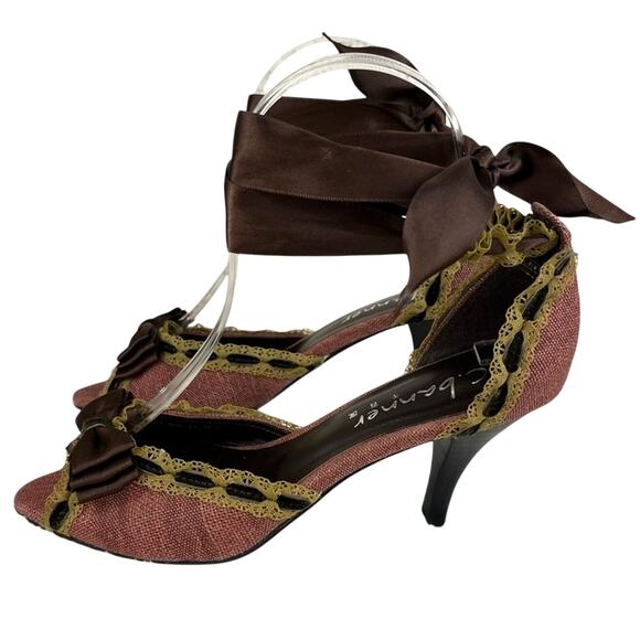 C. BANNER Pink Tweed Lace Detail Open Toe Ribbon Tie Up Kitten Heel Pumps 5.5 - Picture 1 of 12